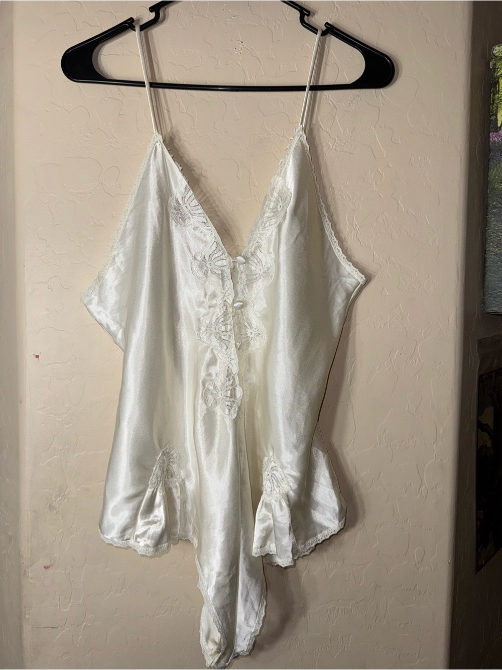 Vintage Delicates White Satin Lace Lingerie Teddy Cami Romper Sleepwear M
